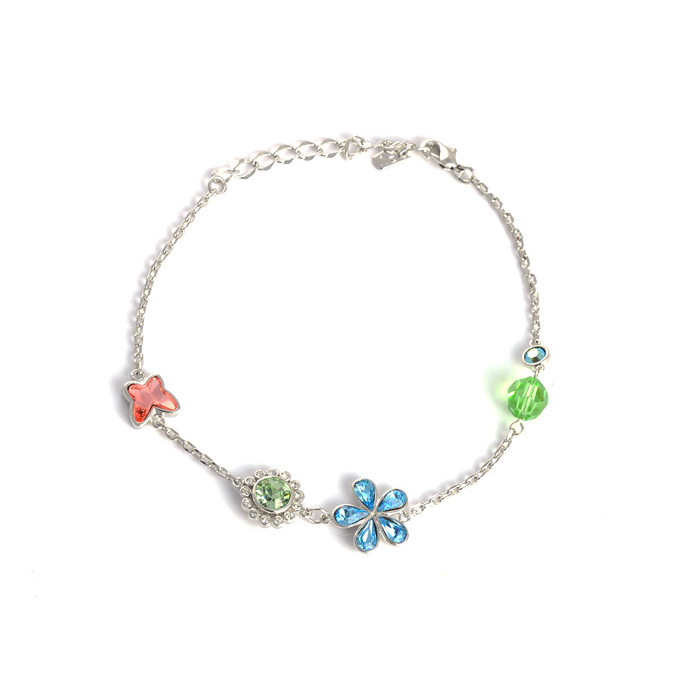 Bracelet Cristaux Swarovski Papillon Fleur Bleue, Rhodium